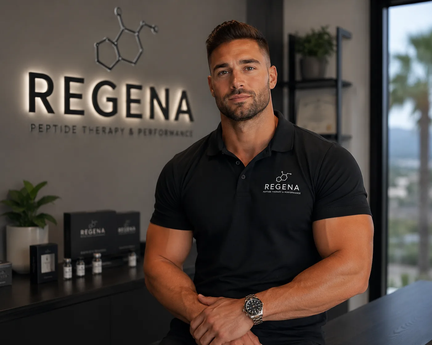 Regena Peptides founder wearing the Regena polo at the Marbella office